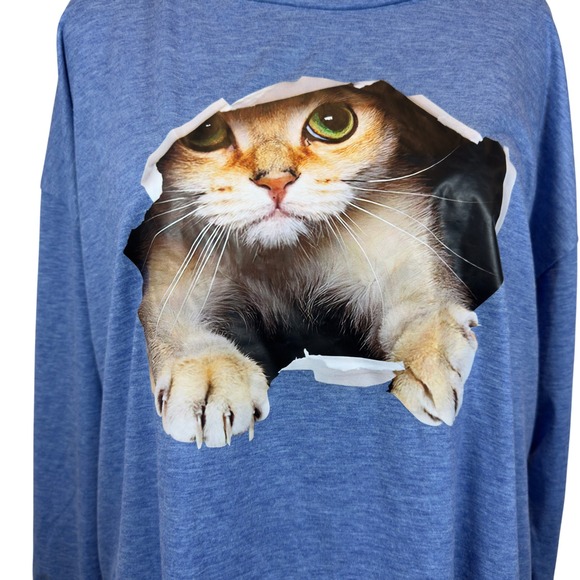 Shekka Blue Long Sleeve Crew Neck 3D Graphic Cat Print Tee Women's XL Cute Kitty - Picture 2 of 6